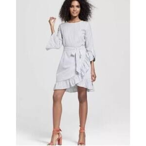 Who What Wear Blue White Stripe Wrap Dress XS Ruffle Hem Casual Summer Style